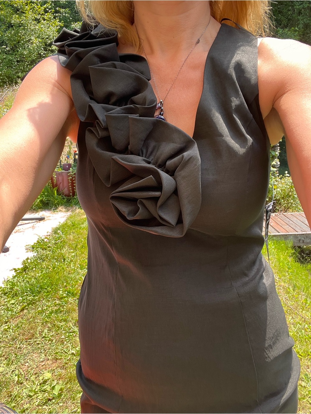 SL Fashions Black One-Shoulder Dress with Ruffle Rosette